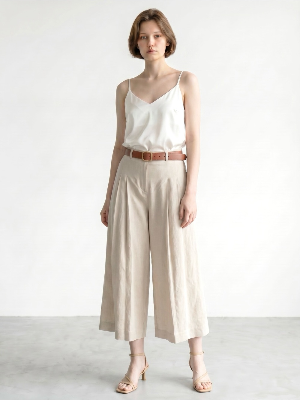 ZARA Linen Front Pleaded Pants Capri Wide Leg Side Zipper Belted Loops